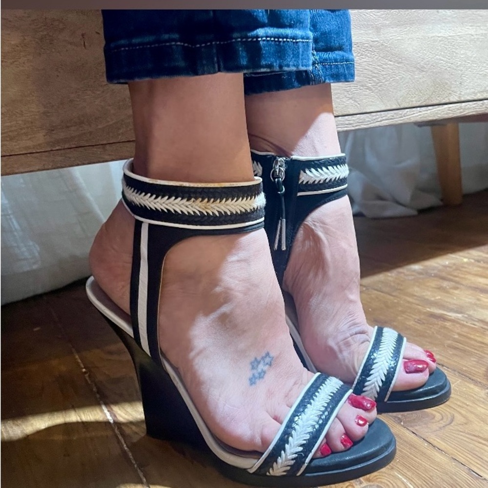 L.A.M.B Black and White Ankle-Strap Wedge Sandals